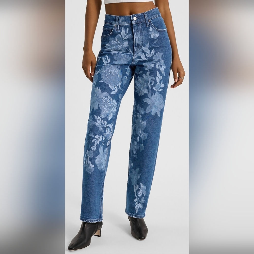 High Waisted Floral Medium Wash Straight Jeans